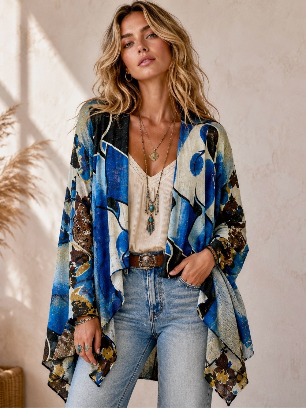 NWT Vintage Concept Boho Art-to-Wear Floral Waterfall Open Front Cardigan, M